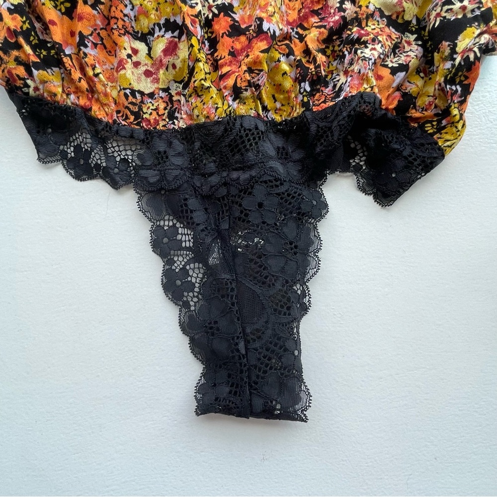 Intimately Free People orange & black long sleeve floral bodysuit w/ black lace - Picture 8 of 11